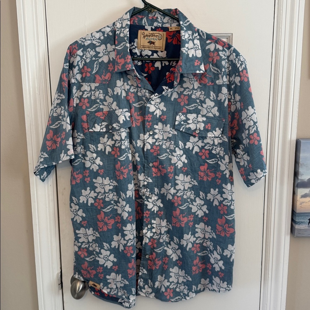 Western Aloha Hawaiian Blue and Red Floral Shirt Pearl Snaps Inside Out Look
